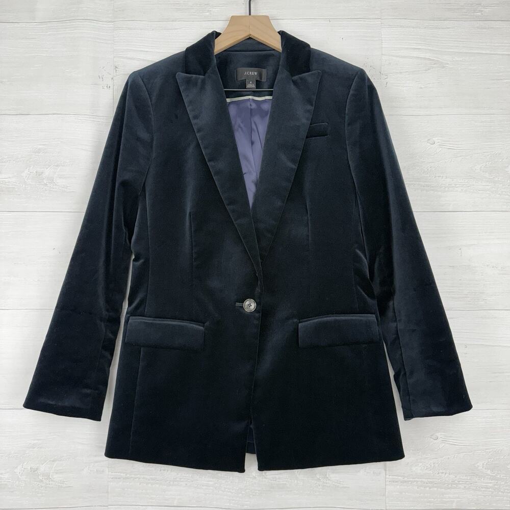 J.Crew Willa Blazer‎ Womens 2 Black Stretch Velvet One Button Preppy Academia